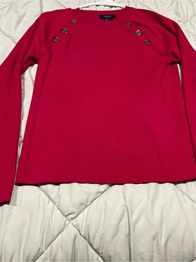 Chaps Pink Ribbed Crew Neck Sweater with Button Details, L
